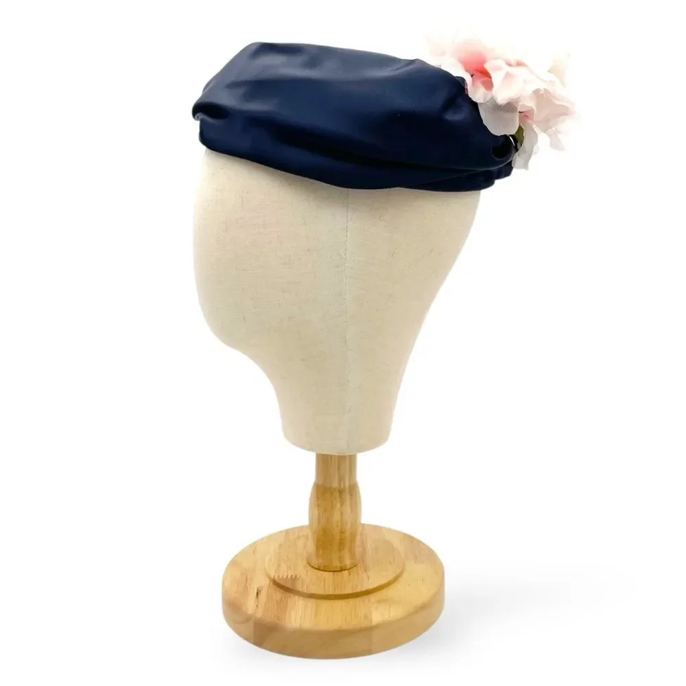 Vintage 1950s Navy Blue Hat Pink Flower Trim Size 22 1/2 Pillbox Fascinator - Picture 7 of 15
